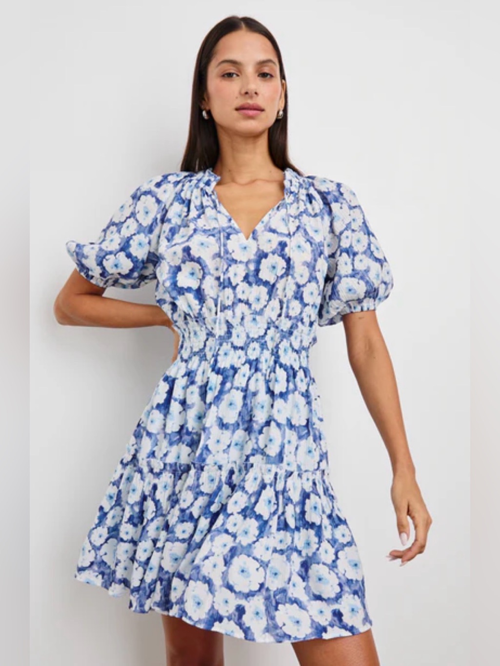 Floral Blue Puff-Sleeve Smocked Waist Dress
